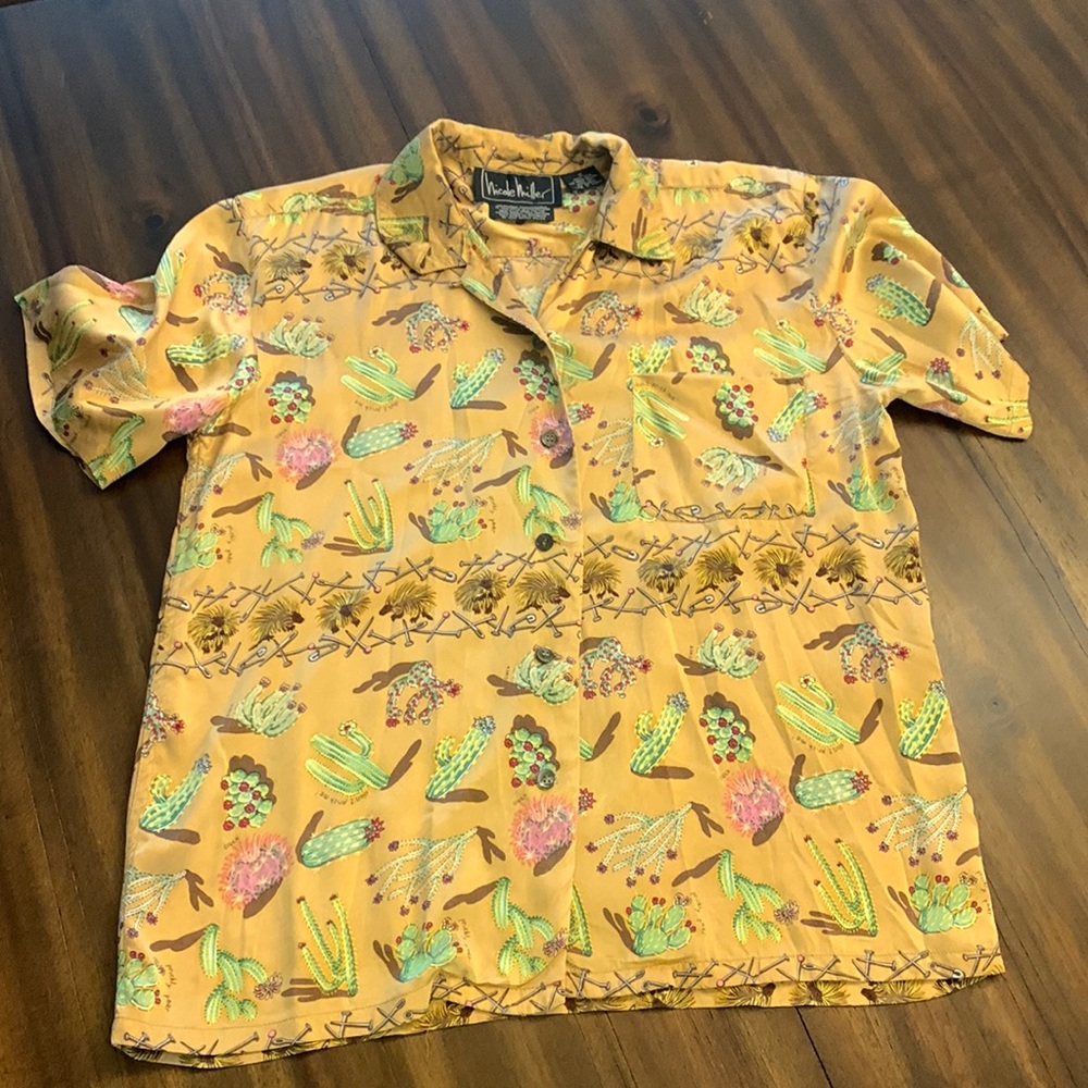 Nicole Miller short sleeve silk button down cactus shirt